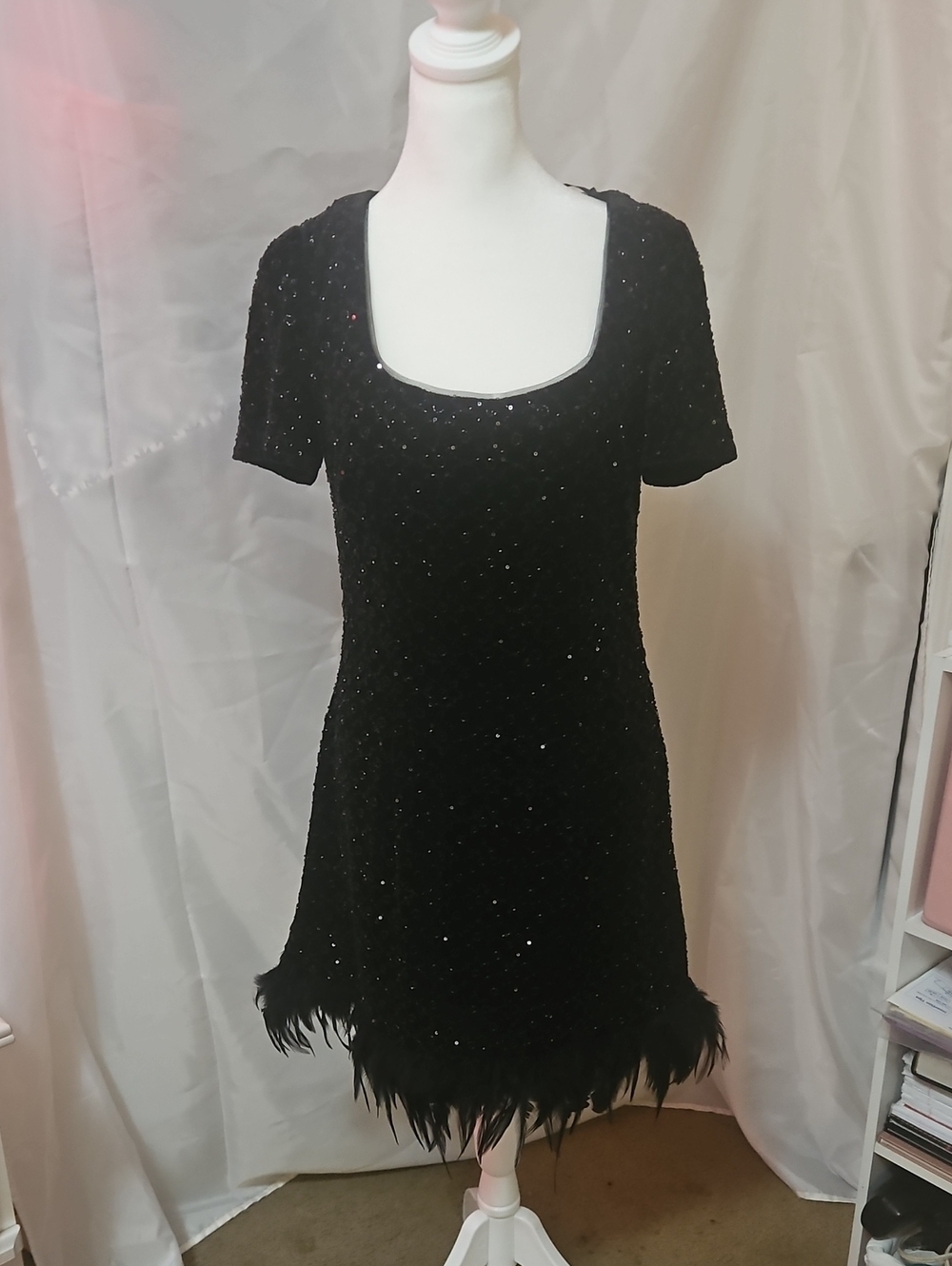 Bob Mackie Black Beaded Short-Sleeve Dress with Feather Hem